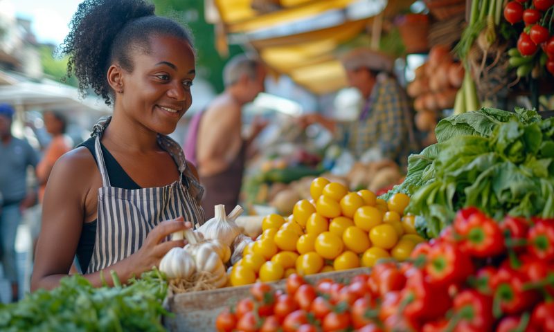 A woman is selling fresh leaf vegetables at a market. The man is